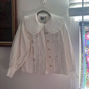 Kina And Tam - the Tongue Tied blouse ~ White Ruffle-Trim
